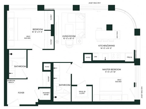 Floor plan for 2 beds, 2 baths, 1005 sqft